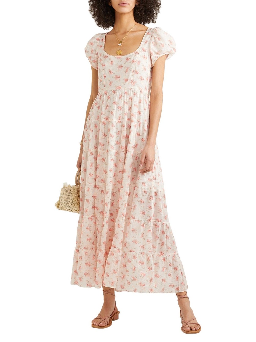 DOEN Ruby Tiered Floral Print Cotton Voile Maxi Dress POPPY WHITE Sz Medium